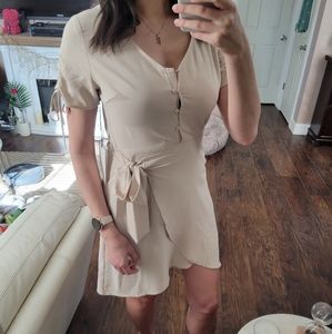 Beige Faux Wrap Button Up Dress